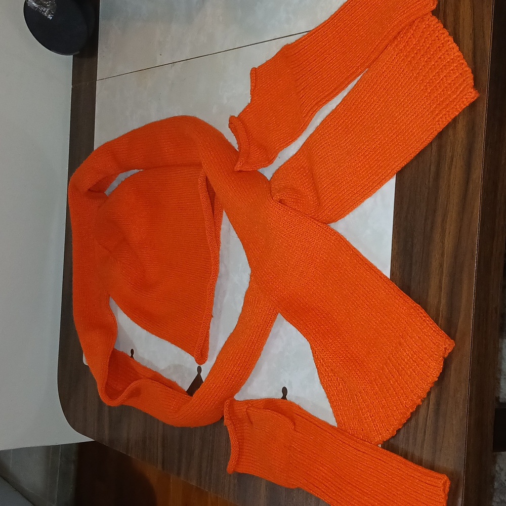 Bright Orange Knit Scarf, Hat, and Gloves Set